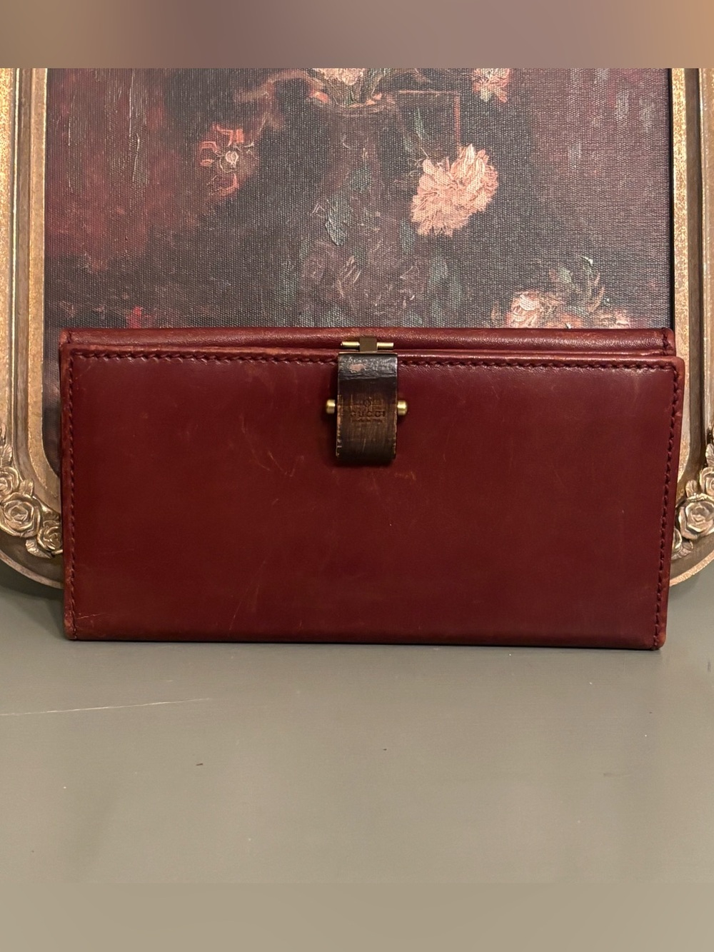 Rare! Gucci Burgundy International Long Wallet with Wood clasp Vintage
